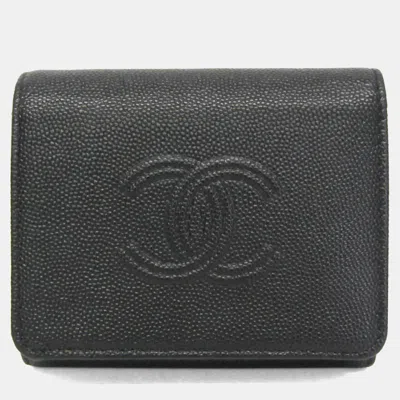 Pre-owned Chanel Coco Mark Grained Calfskin Wallet Tri-fold Black