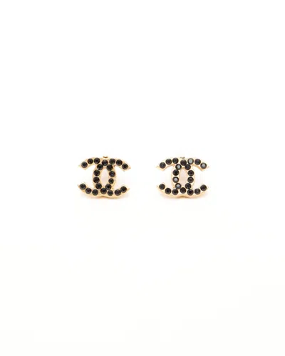 Pre-owned Chanel Coco Mark Gun Metal Clip-on Rhinestone Earrings
