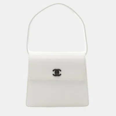 Pre-owned Chanel Coco Mark Handbag Leather Grained Calfskin White Cc Coco