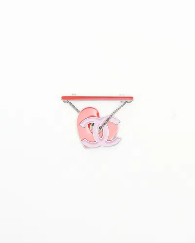 Pre-owned Chanel Coco Mark Heart Brooch In Silver