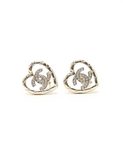 Chanel Coco Mark Heart Rhinestone Clip-on Earrings In Gold