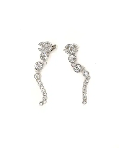 Chanel Coco Mark Heart Rhinestone Double Earrings In Silver