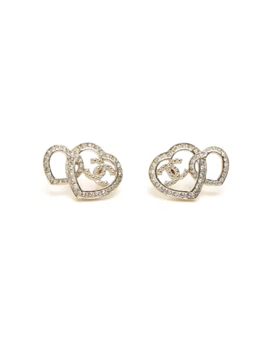 Pre-owned Chanel Coco Mark Heart Rhinestone Earrings In Gold
