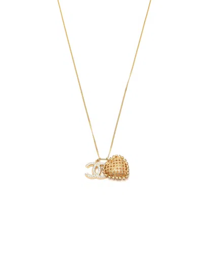 Chanel Coco Mark Heart Rhinestone Necklace In Gold