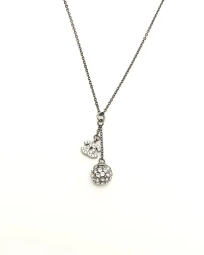 Pre-owned Chanel Coco Mark Heart Rhinestone Necklace In Silver
