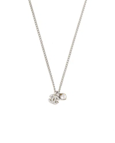 Pre-owned Chanel Coco Mark Heart Rhinestone Necklace In Silver