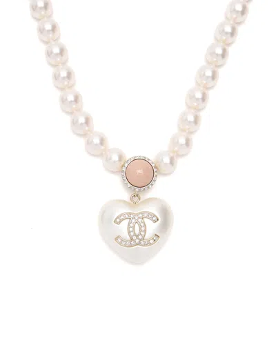 Pre-owned Chanel Coco Mark Heart Rhinestone Pearl Necklace In Multi