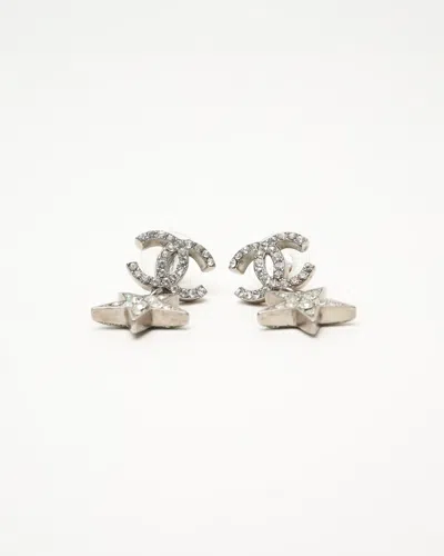 Pre-owned Chanel Coco Mark Icon Series Rhinestone Earrings In Silver