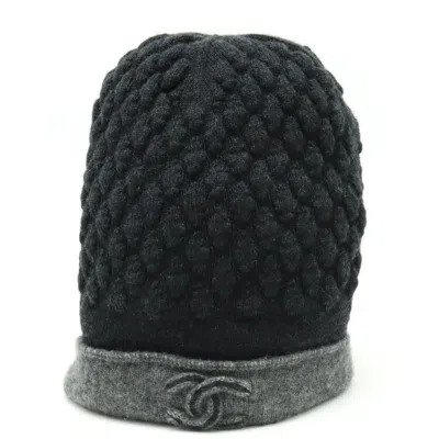 Pre-owned Chanel Coco Mark Knit Hat Cashmere Silk In Gray