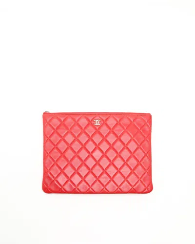 Pre-owned Chanel Coco Mark Lambskin Pouch In Red