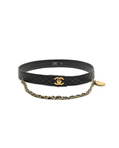 Pre-owned Chanel Coco Mark Leather Belt, Size 75 In Black