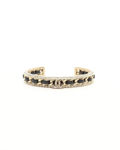 Pre-owned Chanel Coco Mark Leather Rhinestone Bracelet In Multi