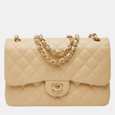 Pre-owned Chanel Coco Mark Matelasse 30 Double Flap Chain Shoulder Bag In Beige Caviar Skin In Sand