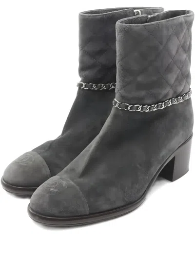 Pre-owned Chanel Coco Mark Matelasse Boots In Gray