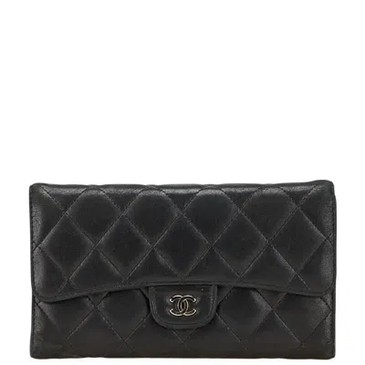 Pre-owned Chanel Coco Mark Matelasse Lambskin Long Wallet In Black