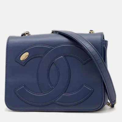 Pre-owned Chanel Coco Mark Mini Chain Shoulder Bag In Blue Calfskin