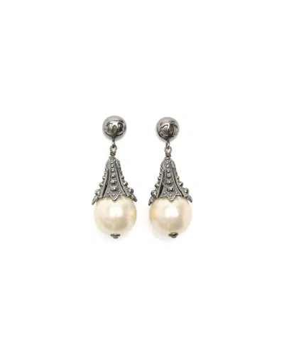 Pre-owned Chanel Coco Mark Pear Dangling Earrings In White