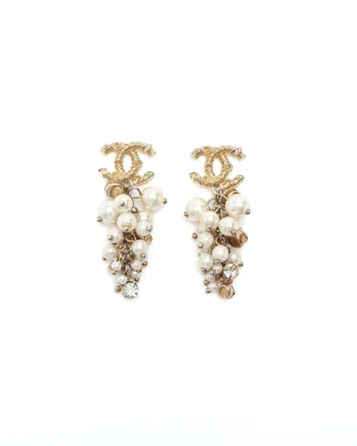 Chanel Coco Mark Pearl Dangling Earrings In Gold
