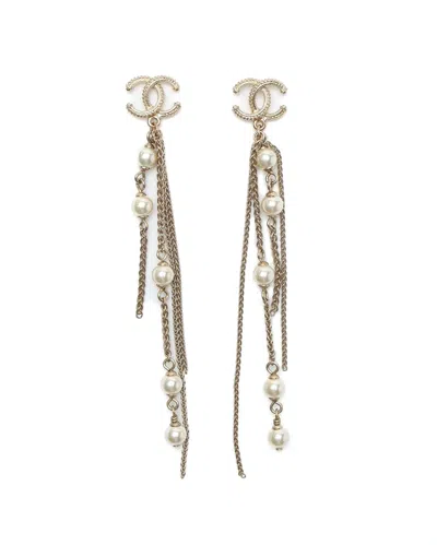 Chanel Coco Mark Pearl Dangling Earrings In Gold