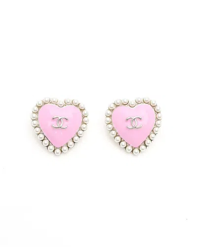 Chanel Coco Mark Pearl Heart Earrings In Pink