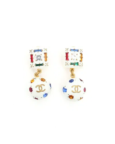 Pre-owned Chanel Coco Mark Resin Dangling Clip-on Earrings In White