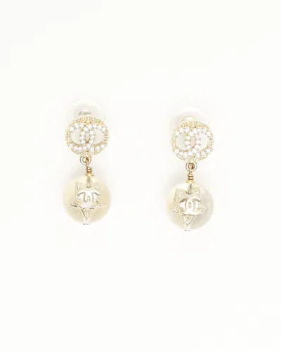 Pre-owned Chanel Coco Mark Resin Rhinestone Earrings In Gold