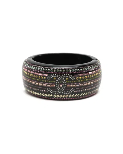Pre-owned Chanel Coco Mark Resin Strass Hinged Bangle Bracelet In Black