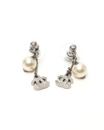 Pre-owned Chanel Coco Mark Rhinestone And Pearl Earrings In Silver
