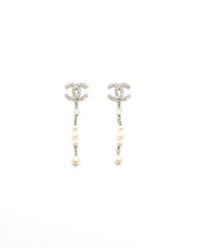 Pre-owned Chanel Coco Mark Rhinestone And Pearl Earrings In Gold
