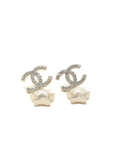 Chanel Coco Mark Rhinestone And Pearl Earrings In Gold