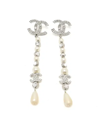 Chanel Coco Mark Rhinestone And Pearl Earrings In Silver