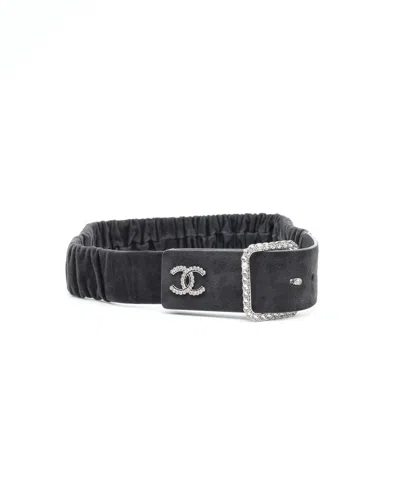 Pre-owned Chanel Coco Mark Rhinestone Belt, Size 80 In Black