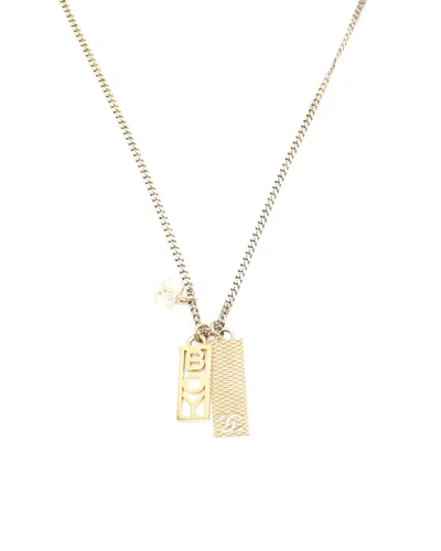 Pre-owned Chanel Coco Mark Rhinestone Boy Necklace In Gold