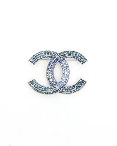 Pre-owned Chanel Coco Mark Rhinestone Brooch In Blue