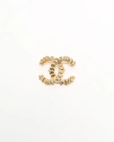 Pre-owned Chanel Coco Mark Rhinestone Brooch In Gold