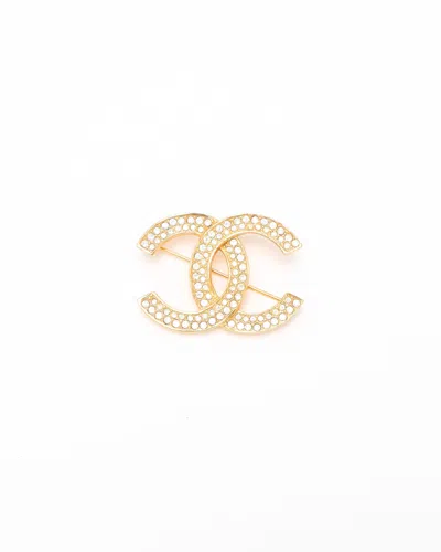 Pre-owned Chanel Coco Mark Rhinestone Brooch In Gold