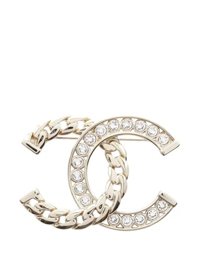 Pre-owned Chanel Coco Mark Rhinestone Brooch In Gold