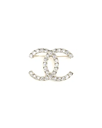 Pre-owned Chanel Coco Mark Rhinestone Brooch In Silver