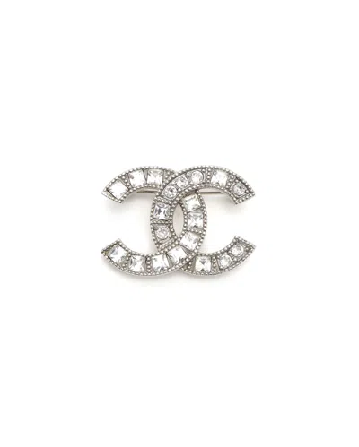 Pre-owned Chanel Coco Mark Rhinestone Brooch In Silver