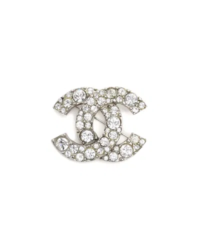Pre-owned Chanel Coco Mark Rhinestone Brooch In Silver