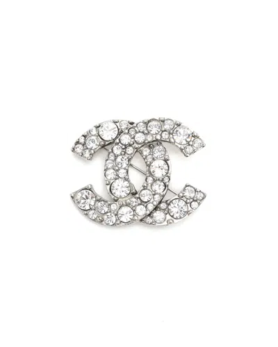 Pre-owned Chanel Coco Mark Rhinestone Brooch In Silver