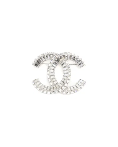 Pre-owned Chanel Coco Mark Rhinestone Brooch In Silver
