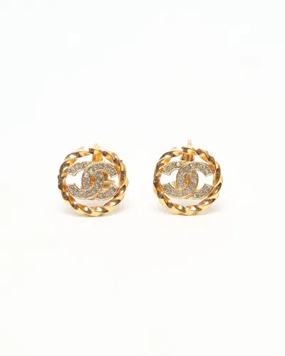 Pre-owned Chanel Coco Mark Rhinestone Clip-on Earrings In Gold