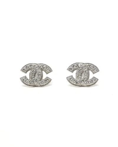 Pre-owned Chanel Coco Mark Rhinestone Clip-on Earrings In Silver