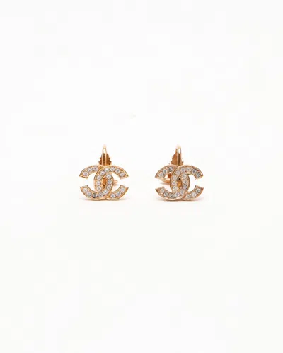 Pre-owned Chanel Coco Mark Rhinestone Clip-on Earrings In Gold