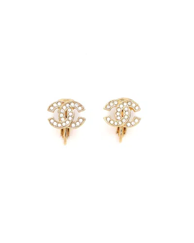 Pre-owned Chanel Coco Mark Rhinestone Clip-on Earrings In Gold