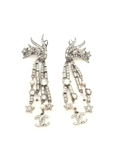 Pre-owned Chanel Coco Mark Rhinestone Clip-on Earrings In Silver