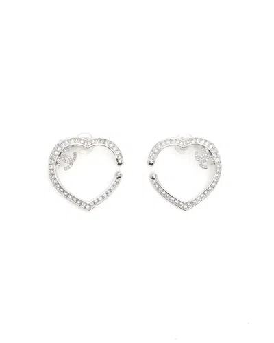 Pre-owned Chanel Coco Mark Rhinestone Clip-on Earrings In Silver