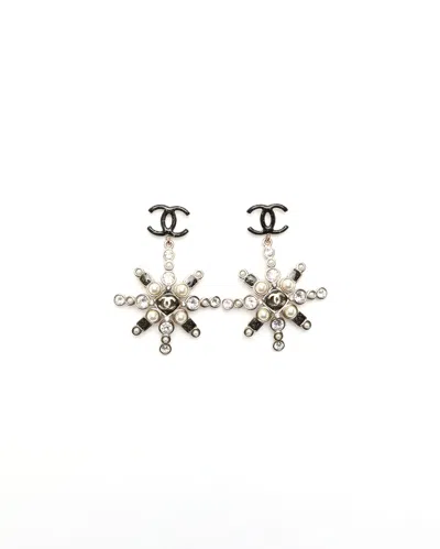 Pre-owned Chanel Coco Mark Rhinestone Dangling Earrings In Gold