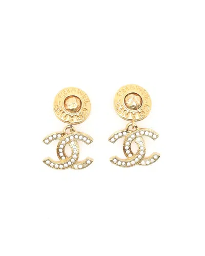 Pre-owned Chanel Coco Mark Rhinestone Dangling Earrings In Gold